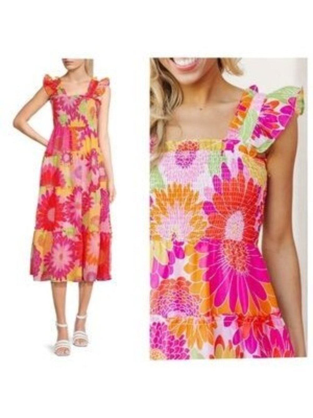 J.Marie XS Floral Maxi Dress Pink & Green Elastic Smocked Bodice (PP585) - Picture 1 of 9